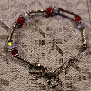 Estate .925 Silver Red And White Bracelet With Eagle Dangle